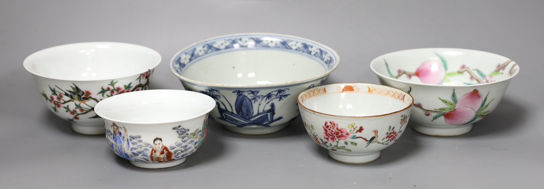 Five Chinese porcelain bowls, one blue and white and three with enamelled decoration, largest 18 cm diameter